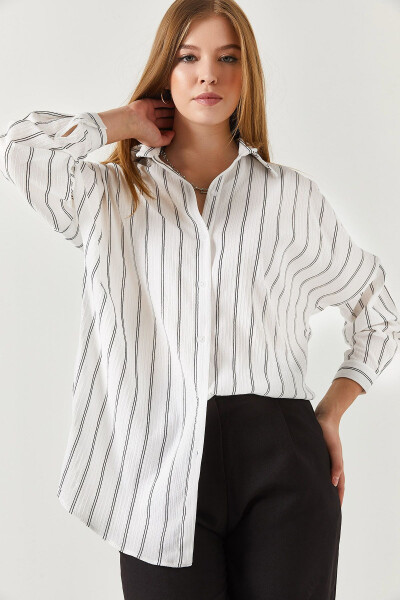 Women's White Striped Oversized Long Basic Shirt ARM-22Y001185 - 2