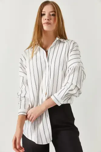 Women's White Striped Oversized Long Basic Shirt ARM-22Y001185 - ARMONIKA (1)