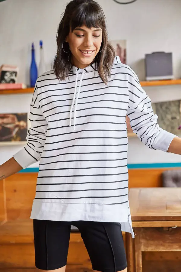 Women's White Striped Side-Slit Hooded Sweatshirt SWT-19000410 - 2