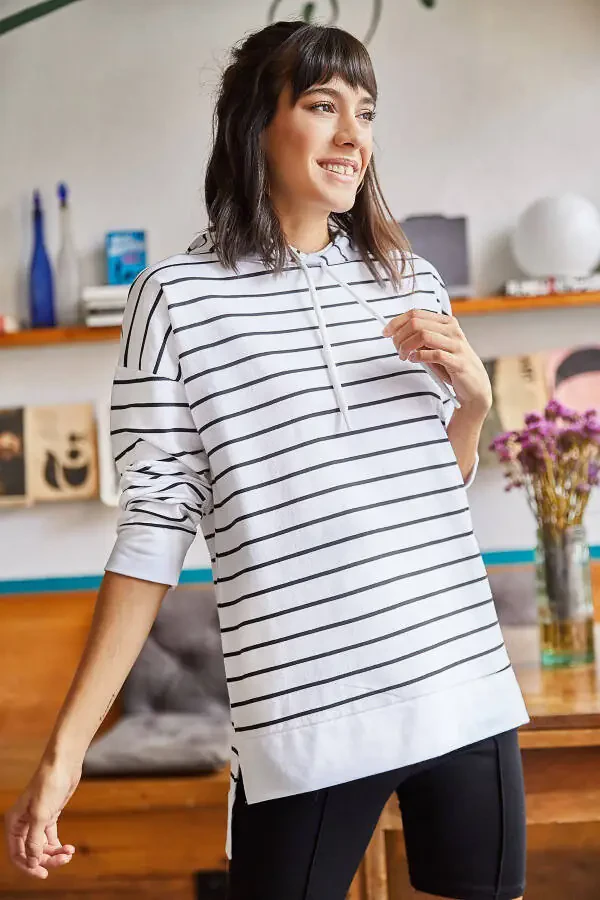 Women's White Striped Side-Slit Hooded Sweatshirt SWT-19000410 - 5