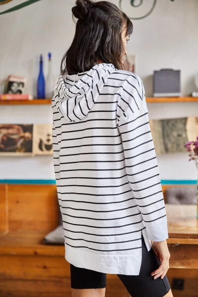 Women's White Striped Side-Slit Hooded Sweatshirt SWT-19000410 - 7