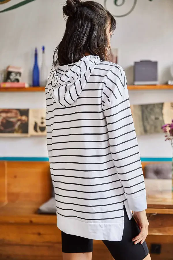 Women's White Striped Side-Slit Hooded Sweatshirt SWT-19000410 - 7