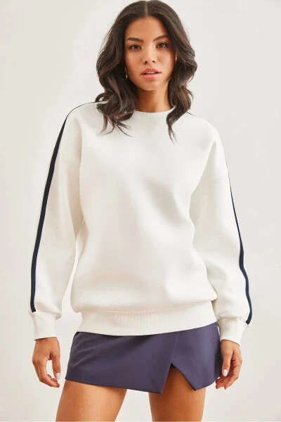 Women's White Striped Sleeve Thistle Thick Sweatshirt SWT-19000688 - OLALOOK