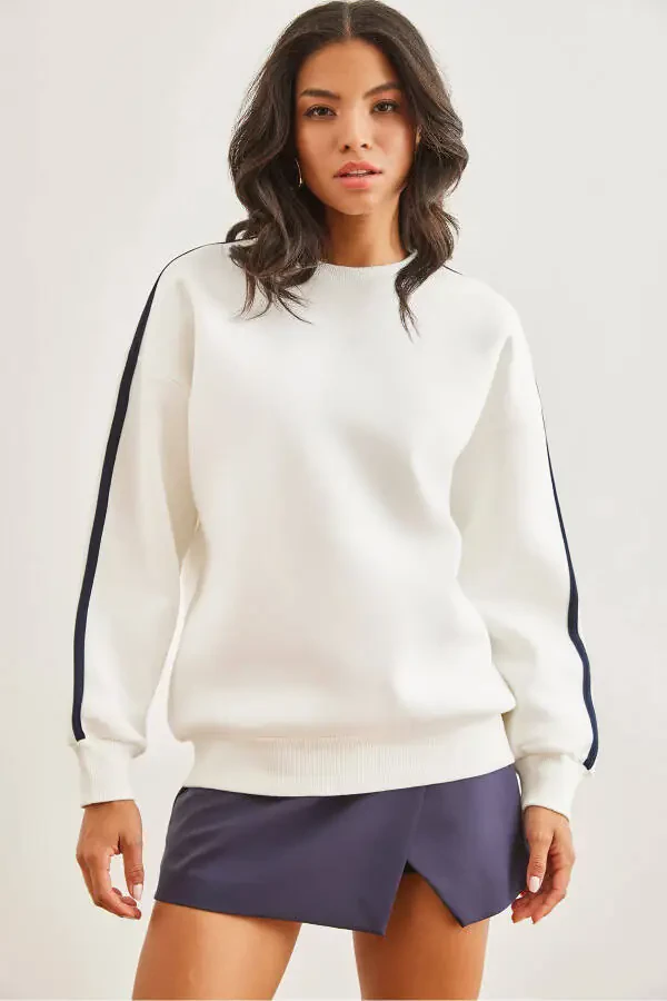 Women's White Striped Sleeve Thistle Thick Sweatshirt SWT-19000688 - 1