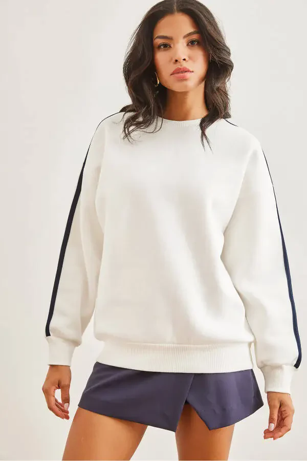 Women's White Striped Sleeve Thistle Thick Sweatshirt SWT-19000688 - 2