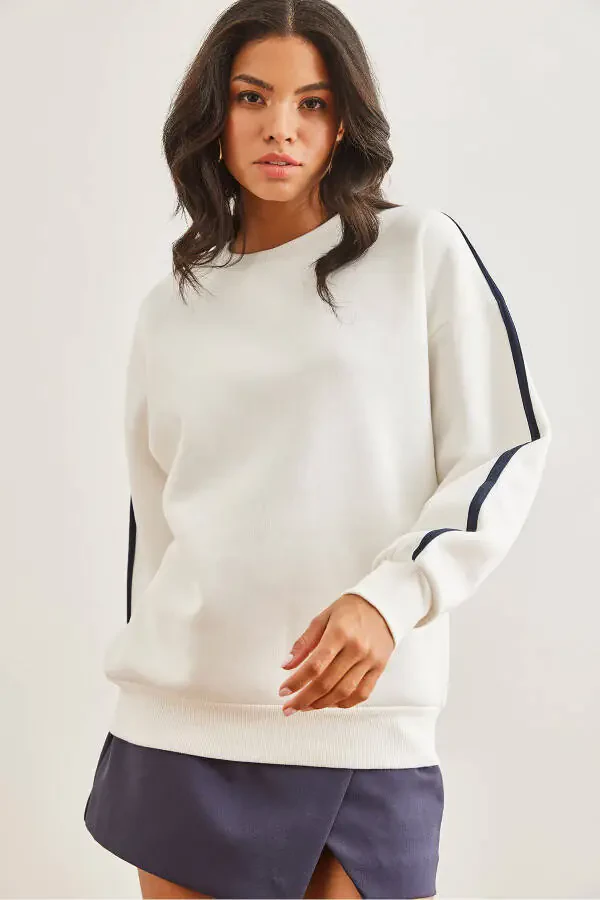 Women's White Striped Sleeve Thistle Thick Sweatshirt SWT-19000688 - 3
