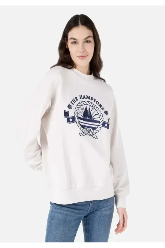 Women's White Sweatshirt, Regular Fit, Crew Neck, Printed - 1