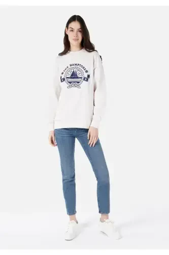 Women's White Sweatshirt, Regular Fit, Crew Neck, Printed - 3