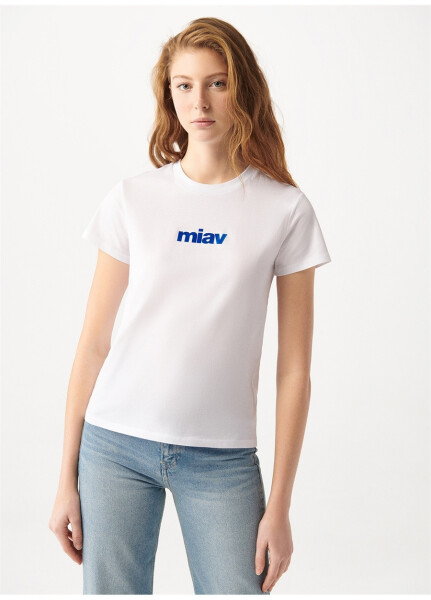 Women's White T-Shirt, Round Neck, Regular Fit, Blue M1610622-620 - 9