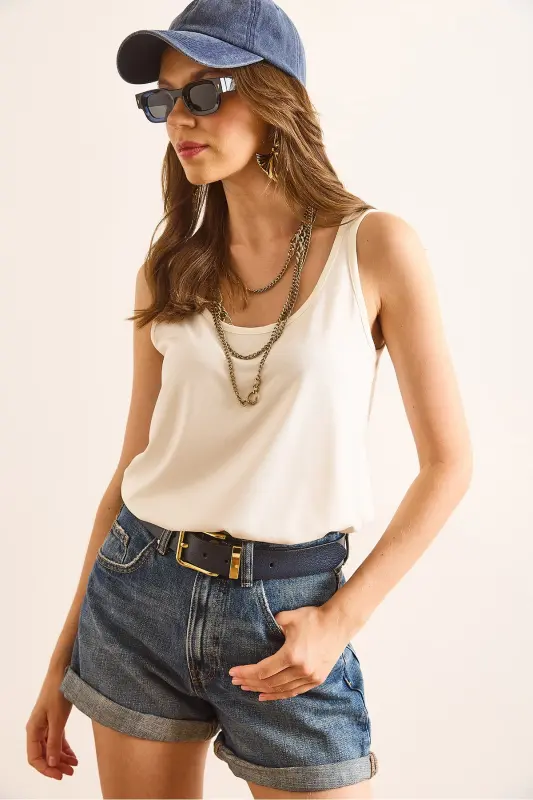 Women's White Tank Top Modal Blouse BLZ-19003011-White - 4