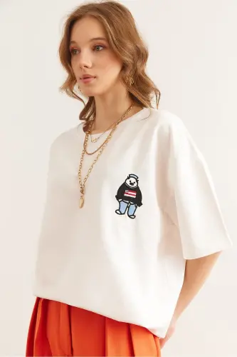 Women's White Teddy Bear Embroidered Relaxed Fit T-shirt 