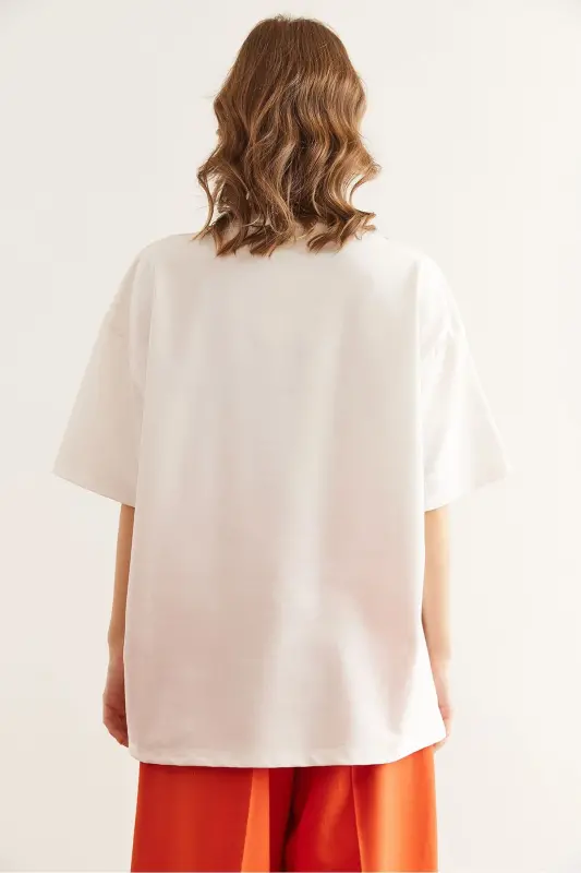 Women's White Teddy Bear Embroidered Relaxed Fit T-shirt - 2