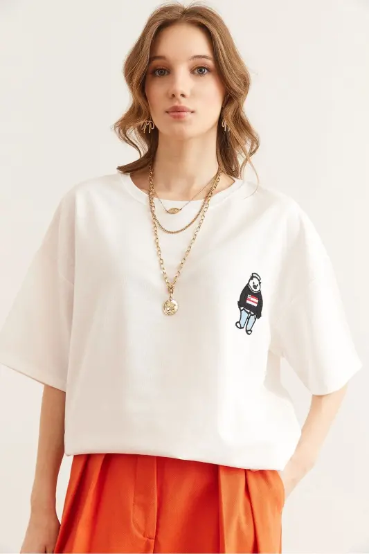 Women's White Teddy Bear Embroidered Relaxed Fit T-shirt - 3