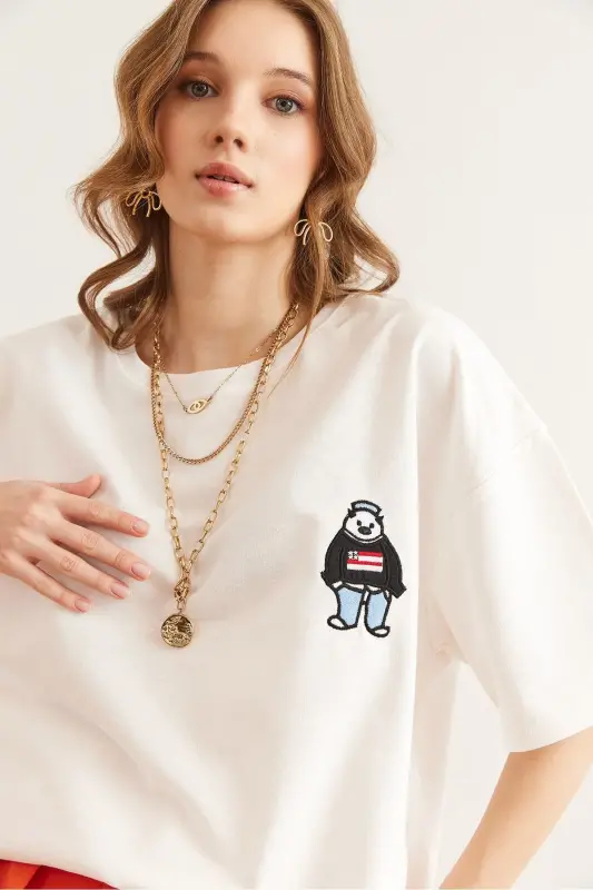 Women's White Teddy Bear Embroidered Relaxed Fit T-shirt - 5
