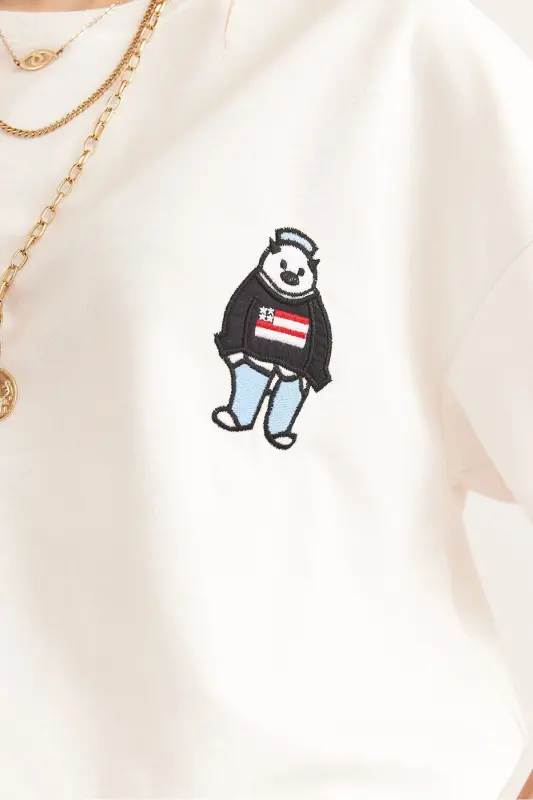 Women's White Teddy Bear Embroidered Relaxed Fit T-shirt - 6