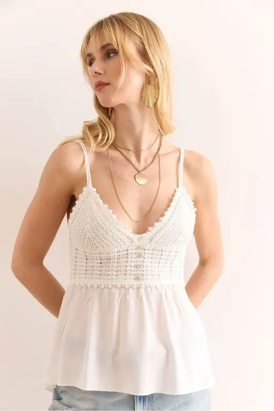 Women's White Top Knit Bottom Woven Spaghetti Strap Viscose Blouse - 3