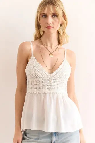 Women's White Top Knit Bottom Woven Spaghetti Strap Viscose Blouse - 4