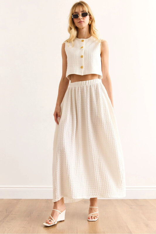 Women's White Top Lined Vest Bottom Pocketed Midi Skirt - OLALOOK