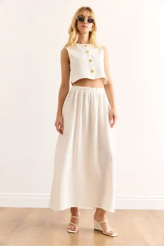 Women's White Top Lined Vest Bottom Pocketed Midi Skirt - 5