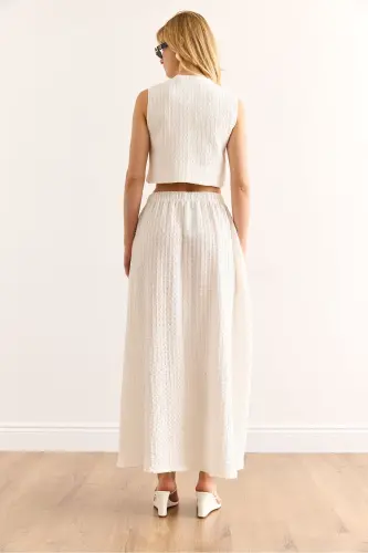 Women's White Top Lined Vest Bottom Pocketed Midi Skirt - 7