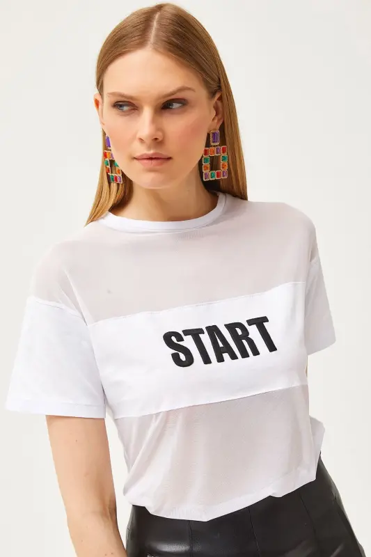 Women's White Tulle Embroidered T-shirt TSH-1900079 - OLALOOK