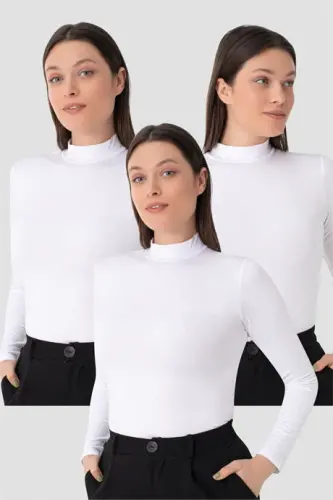 Women's White Turtleneck Long Sleeve Bodysuit 3 Pieces - 1