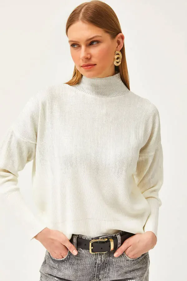 Women's White Turtleneck Metallic Detailed Knitted Sweater KZK-19000726 - 2