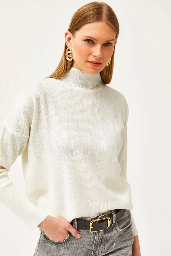 Women's White Turtleneck Metallic Detailed Knitted Sweater KZK-19000726 - 3