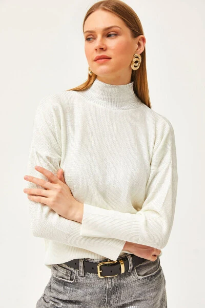 Women's White Turtleneck Metallic Detailed Knitted Sweater KZK-19000726 - 4