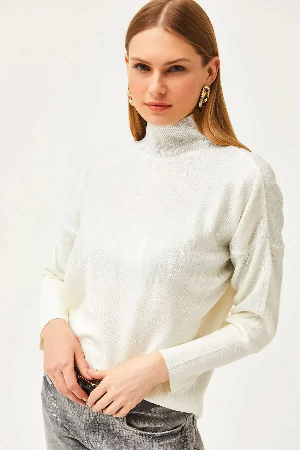 Women's White Turtleneck Metallic Detailed Knitted Sweater KZK-19000726 - 5