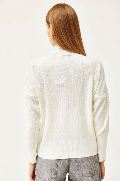 Women's White Turtleneck Metallic Detailed Knitted Sweater KZK-19000726 - 6