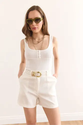 Women's White U Neck Clasp Elastic Cotton Crop Blouse B - 16