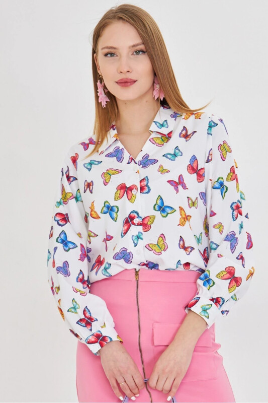 Women's White V-Neck Balloon Sleeve Patterned Shirt ARM-25 - ARMONIKA