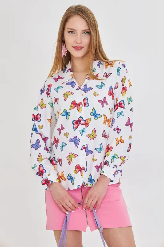 Women's White V-Neck Balloon Sleeve Patterned Shirt ARM-25 - 2