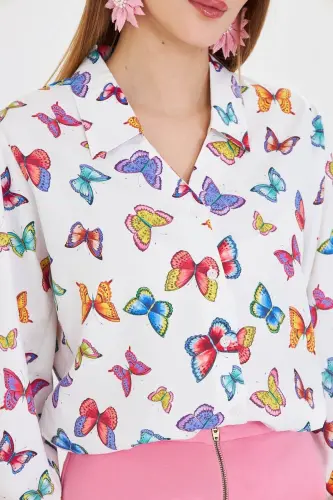 Women's White V-Neck Balloon Sleeve Patterned Shirt ARM-25 - 3