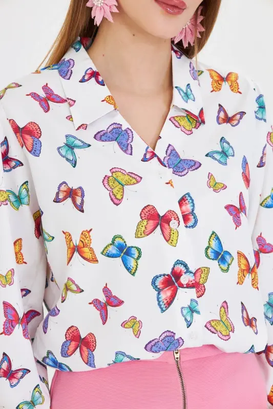 Women's White V-Neck Balloon Sleeve Patterned Shirt ARM-25 - 3