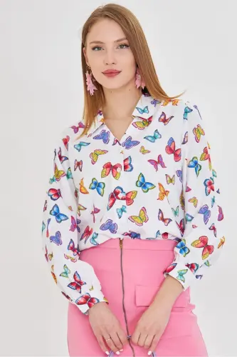 Women's White V-Neck Balloon Sleeve Patterned Shirt ARM-25 - 2