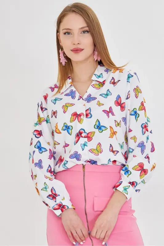 Women's White V-Neck Balloon Sleeve Patterned Shirt ARM-25 - 2