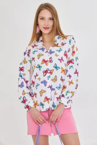 Women's White V-Neck Balloon Sleeve Patterned Shirt ARM-25 - 3