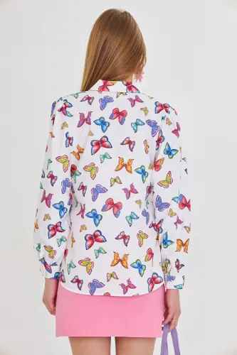 Women's White V-Neck Balloon Sleeve Patterned Shirt ARM-25 - 5