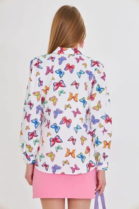 Women's White V-Neck Balloon Sleeve Patterned Shirt ARM-25 - 5