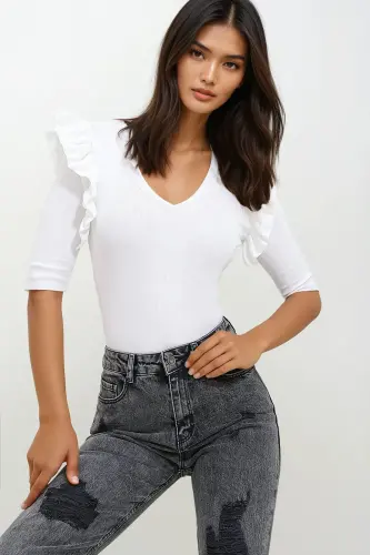 Women's White V-Neck Frilled Sleeve Knit Blouse ALC-X11557 