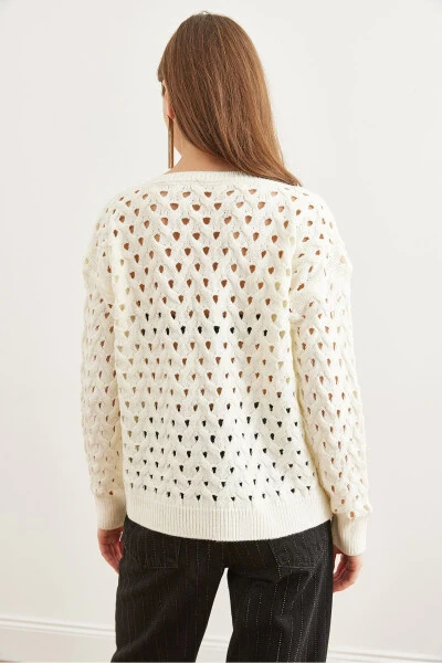 Women's White V-Neck Lacy Thick Knit Sweater KZK-19000829 - 6