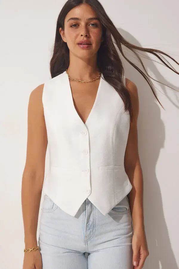 Women's White V-Neck Stylish Arrobin Vest TO00067 - 2