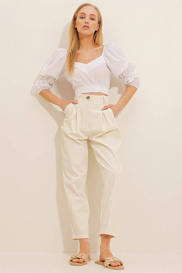 Women's White V-Neck Tie-Waist Poplin Crop Blouse ALC-X10435 - 5