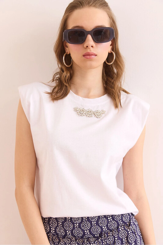 Women's White Wadded Detailed Stone Cotton T-Shirt TSH-1 - OLALOOK