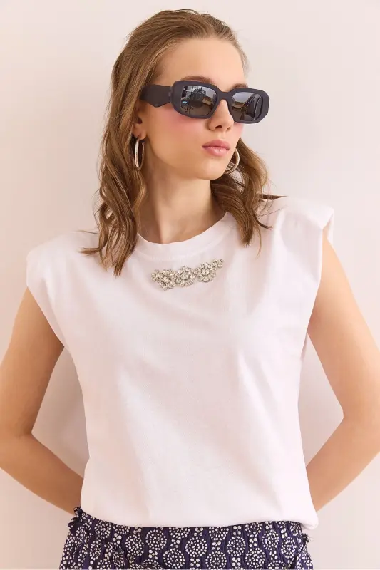 Women's White Wadded Detailed Stone Cotton T-Shirt TSH-1 - 2