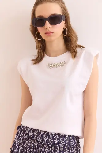 Women's White Wadded Detailed Stone Cotton T-Shirt TSH-1 - 3