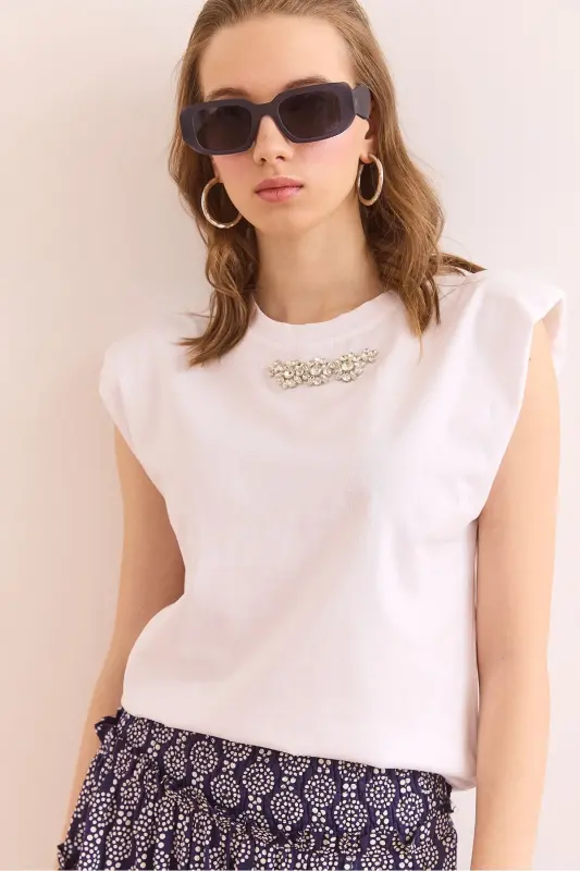 Women's White Wadded Detailed Stone Cotton T-Shirt TSH-1 - 3