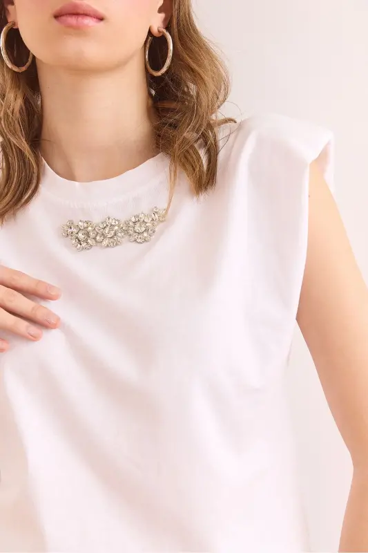 Women's White Wadded Detailed Stone Cotton T-Shirt TSH-1 - 5